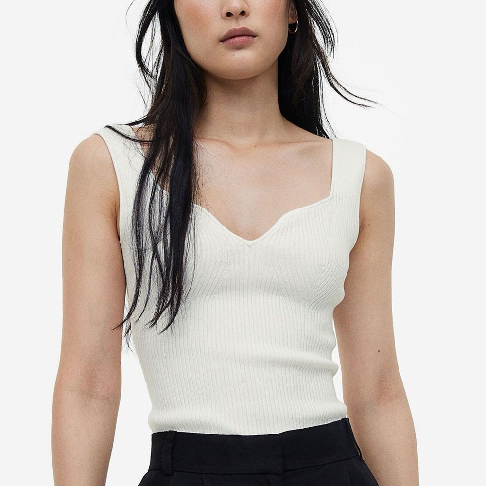 H&M Ribbed Sweetheart Neck Tank Top - Cream